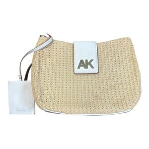 Anne Klein Straw Hobo Bag AK Logo Shoulder Bag‎ Purse Tan White